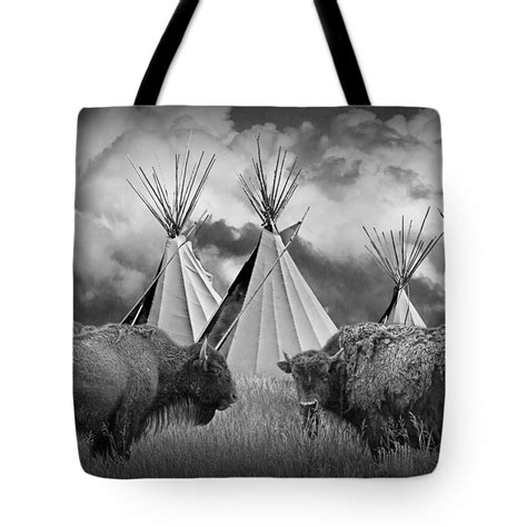 Buffalo Herd Among Teepees Of The Blackfoot Tribe Tote Bag For Sale By