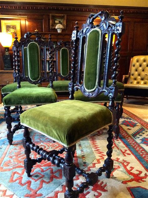 Antique Dining Chairs Oak Six Carolean Gothic Green Velvet Carved 19th