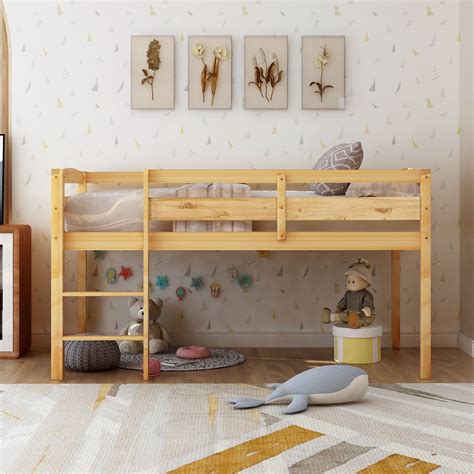 The lower bunk sits 2 off the floor, perfect for tiny sleepers while the top bunk features guardrails for added safety. Twin Wood Loft Bed Low Loft Beds for Kids with Ladder - Cool Toddler Beds