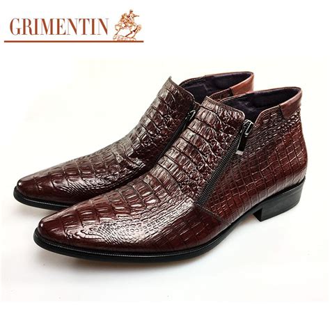 Grimentin Brand Genuine Leather Mens Ankle Boots Crocodile Style