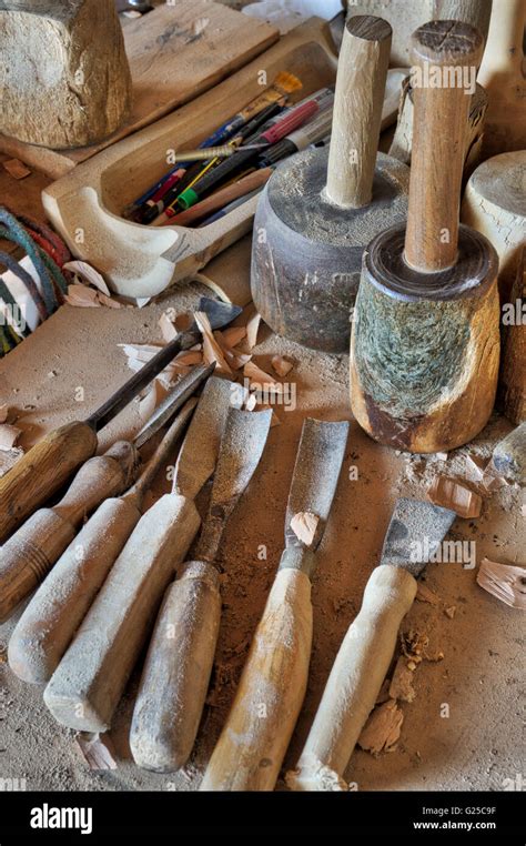Woodworking Tools In A Wood Sculptures Workshop Uk Stock Photo Alamy