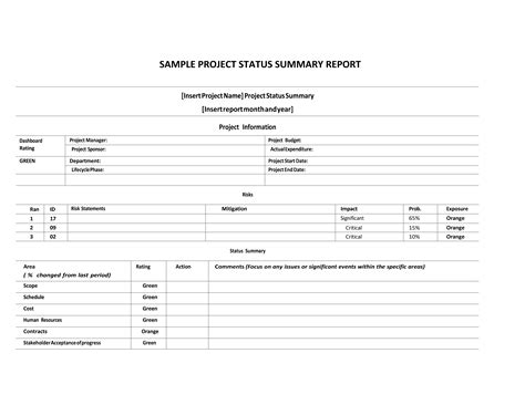 Project Status Summary Report Template Templates At