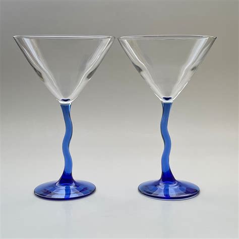 Set Of 2 Blue Wavy Stem Martini Glasses By Libby Retro Etsy