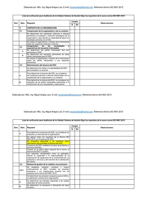 Lista De Verificación Iso 9001 2015 Rev B 18092017 Calidad Negocios