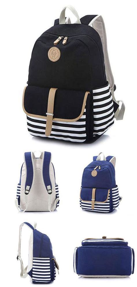 Simple Striped Large School Bag Travel Bag Canvas Backpack Womens