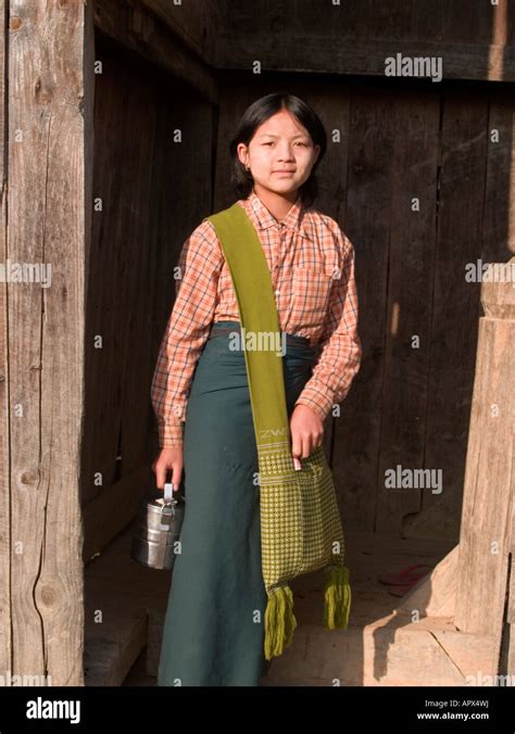 Pa O Girl In The Shan State Of Myanmar With Her Lunchbox And School