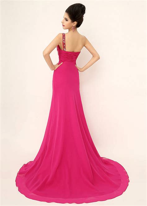 Exquisite Chiffon One Shoulder Neckline Sheath Prom Dresses Fuchsia