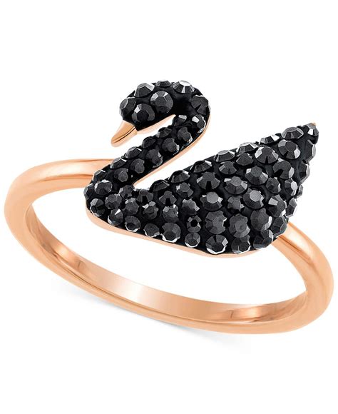 Swarovski Rose Gold Tone Imitation Pearl And Black Pavé Swan Ring In