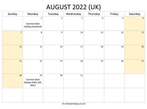 Download Editable August 2022 Uk Calendar Landscape Layout