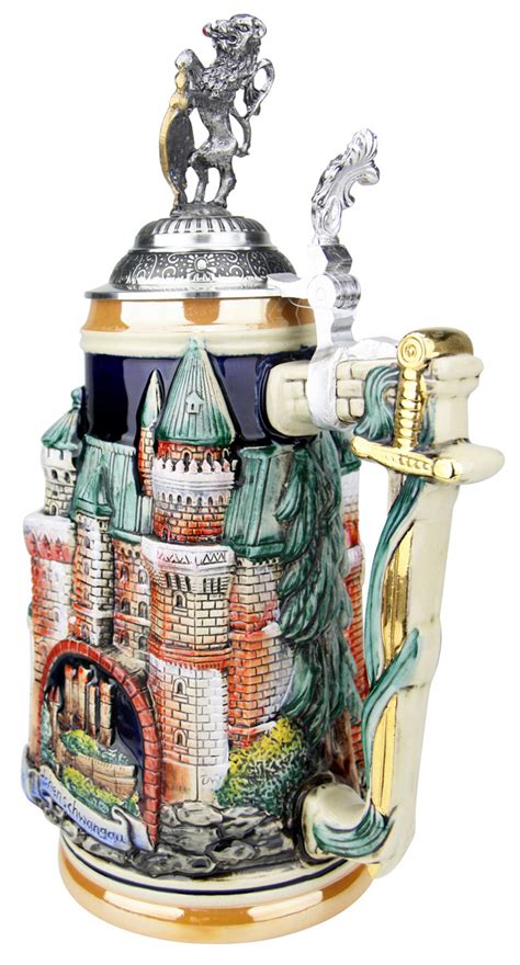 Neuschwanstein And King Ludwig Castle 3d Beer Stein With Lion Lid