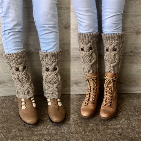 beige knitted leg warmers with an owl pattern knitted leg warmers crochet boots crochet shoes