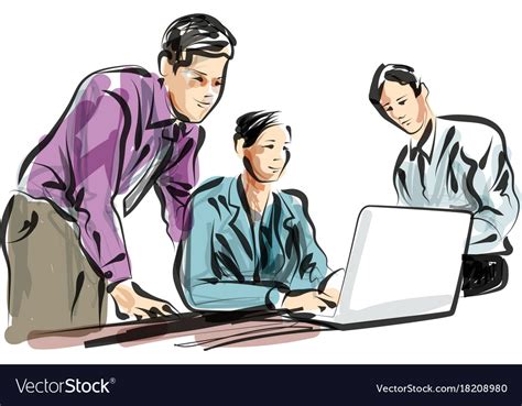 Color Line Sketch Of People Working In The Office Vector Image