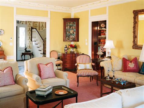 In this country living room idea, simple utility is given a light and pretty dimension with horticulturally themed decorative flourishes and. Yellow French Country Living Room With Red Accents | HGTV