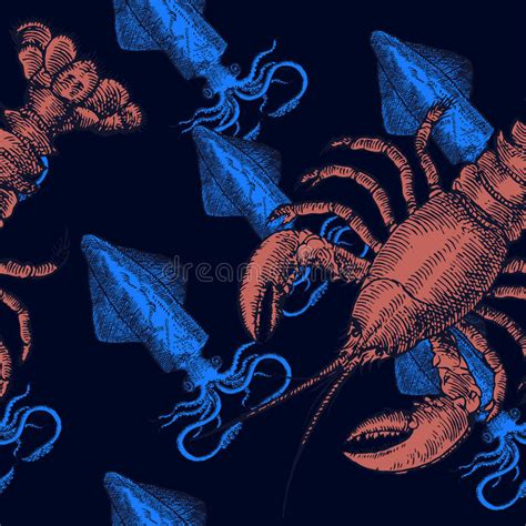 Sea Animals Seamless Vector Pattern Fish Lobster Stock Vector