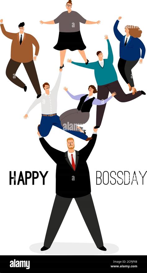 Happy Bossday Leader Man With Employees Team Vector Boss Day Poster Corporate Office
