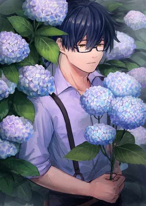 Wallpaper Anime Boy Glasses Purple Flowers Wallpapermaiden