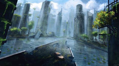 Artwork Apocalyptic City Science Fiction Ruin Skyscraper Water