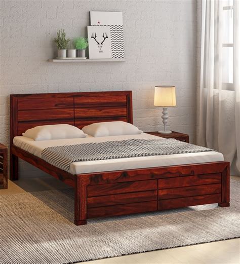 Buy Segur Sheesham Wood Queen Size Bed In Honey Oak Finish Online Modern Queen Size Beds