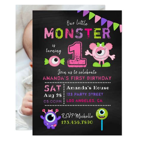 First Birthday Girl Our Babe Monster Party Invitation Card Ready To Be Customized To Your