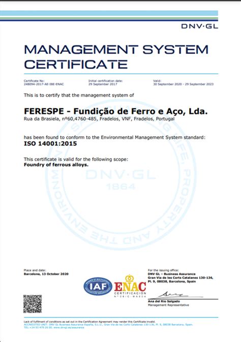 Ferespe Certificate Environmental Management System Iso 140012015