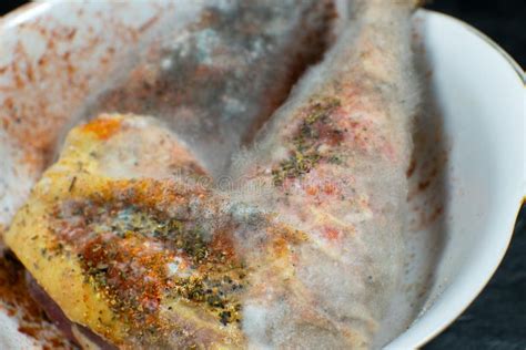 Rotten And Moldy Chicken Meat Bad Conditions Of Preservation Close Up