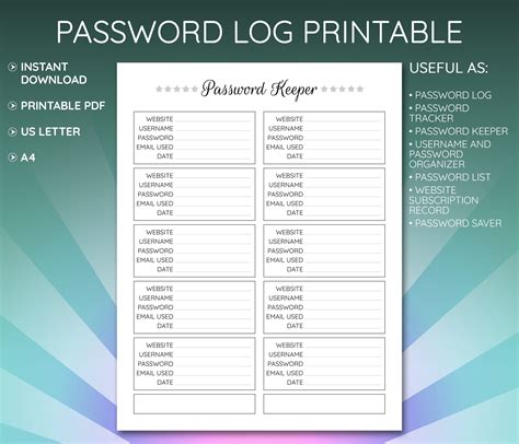 Password Log Printable Password Journal Password Keeper Journal