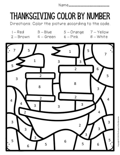 Color By Number Thanksgiving Preschool Worksheets Mayflower The