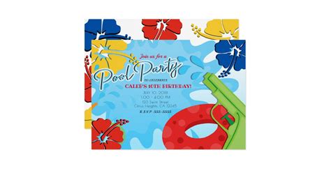 Pool Party Squirt Gun Water Fun Summer Hibiscus Invitation
