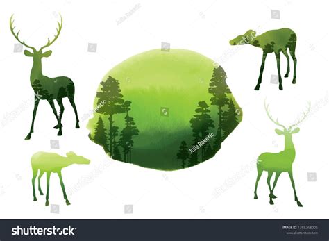 Deep Green Forest Trees And Deers Silhouettes On White Background Eco