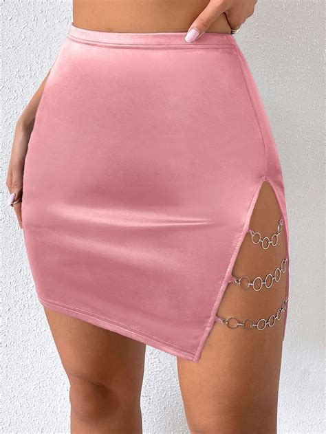 Chain Linked High Waist Skirt Saia Cintura Alta Saias Rosas De Cetim