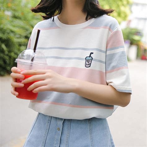 Harajuku Ulzzang Summer Striped Tops T Shirt For Women 2018 Sweet Striped Schoolgirl Top Tshirt