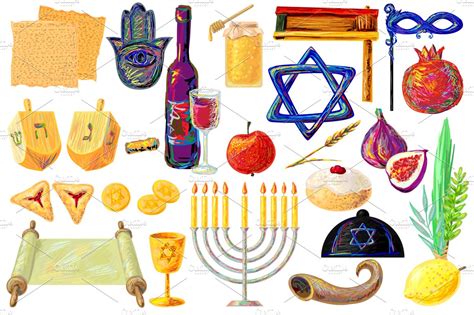 Jewish Holidays Symbols Clip Art Set Custom Designed Illustrations