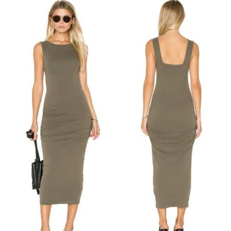 James Perse NWT Sz 4 OPEN BACK SKINNY Dress OLIVE Side Ruche Stretchy