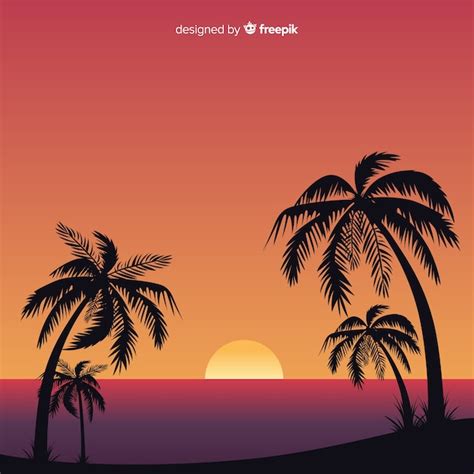 Free Vector Beach Sunset With Palm Silhouettes