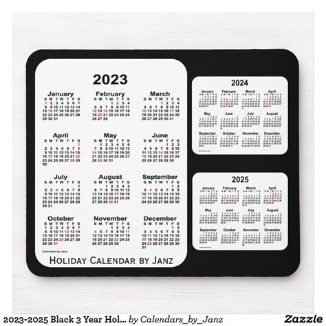 2023 2025 Black 3 Year Holiday Calendar By Janz Mouse Pad