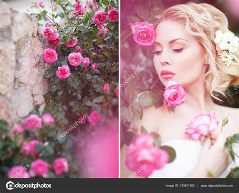 Diptych Photo Beautiful Brunette Bride Near A Flowering Bush Roses