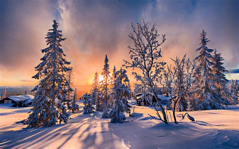Download Wallpapers Winter Sunset Snowdrifts Hdr Orange Sun Rays