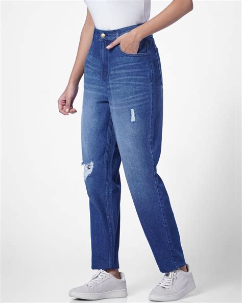 Blue High Rise Distressed Boyfriend Jeans