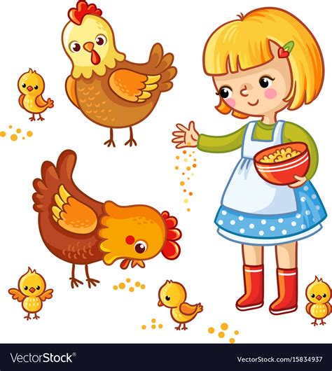 Girl Feeding Hens And Chickens Royalty Free Vector Image