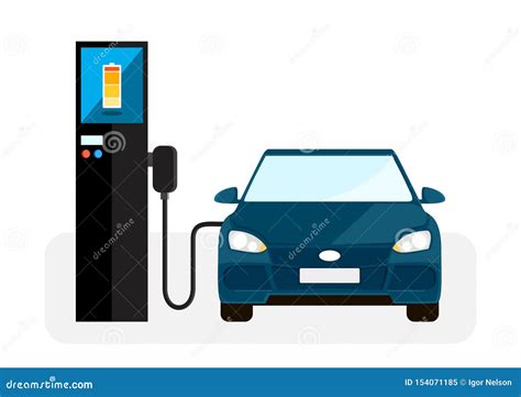 Electric Car Charging On Electrical Charging Station Vector