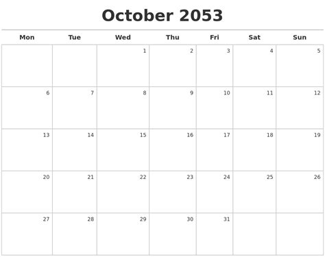 October 2053 Calendar Maker