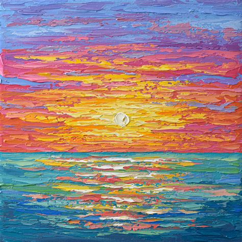 Ocean Sunset Painting Acrylic Palette Knife Impressionist Art 12x12