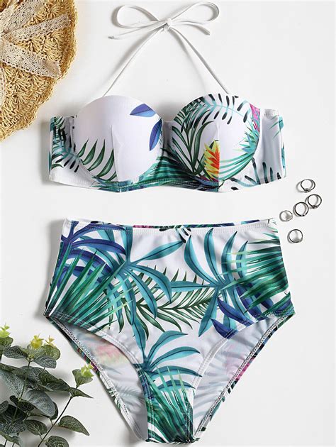 38 OFF Underwire Tropical Print Bikini Set Rosegal