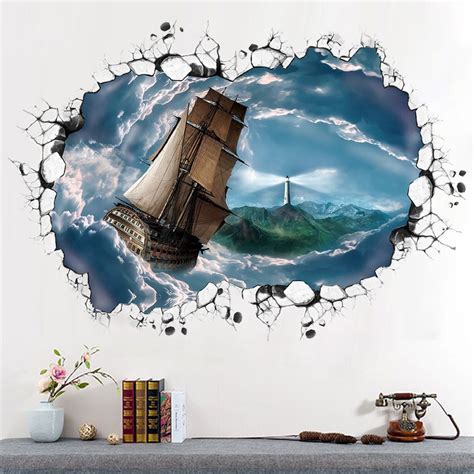 3d Wallpaper Warship Sailing The Sea Wall Stickers Living Room Bedroom