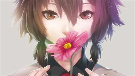 Anime Girl Smelling A Pink Flower Wallpapers And Images Wallpapers