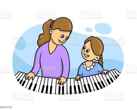Girl Sitting By The Piano With Her Teacher For A Music Lesson Flat
