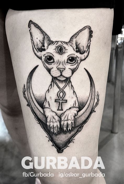 Blackwork Moon Cat With Third Eye By Gurbada Egyptian Cat Tattoos