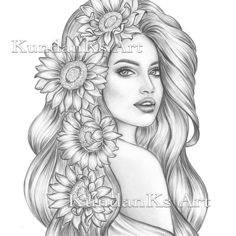 Sunflower Adult Coloring Page Portrait Coloring Grayscale Etsy