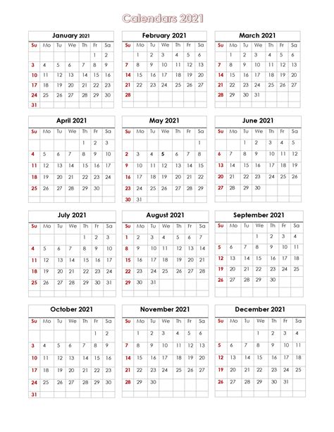 The 8.5 x 11 size year at a glance planner uses a full month in one column design and usa public holidays. 56+ Printable Calendar 2021 One Page, Printable 2021 Yearly Calendar