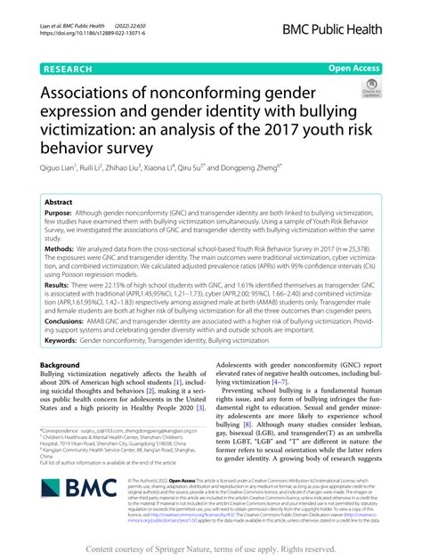 Pdf Associations Of Nonconforming Gender Expression And Gender Identity With Bullying